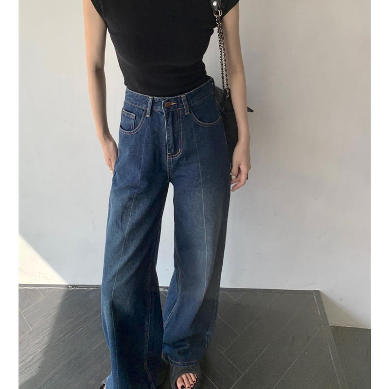 Damen bekleidung Jeans Frühling Sommer 2023 Retro blau stilvolle lässige Hose mit weitem Bein hoch taillierte Baggy Fit Slimming Mop Jeans