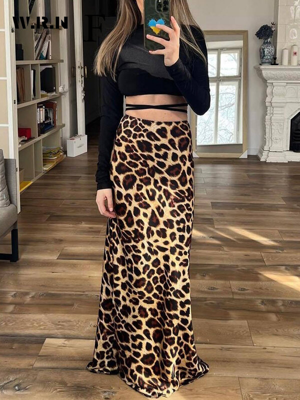 American Retro High Street Leopard Printting Mid Long Skirts Women Casual High Waist Streetwear Trashy Style  A-Line Skirt