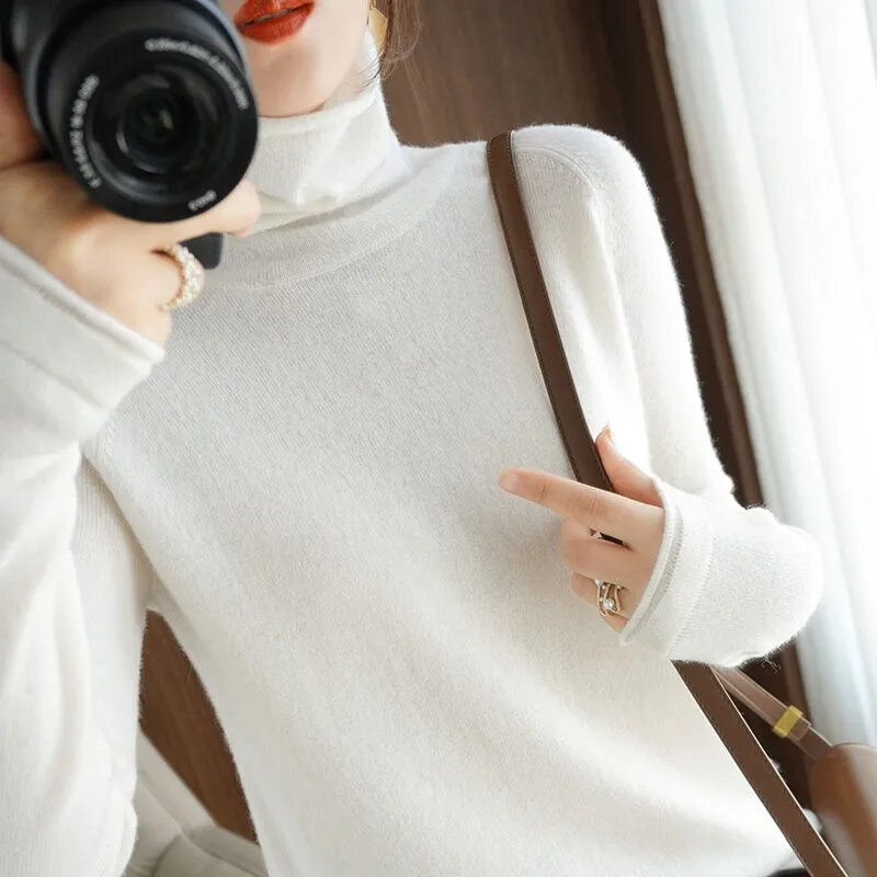 Fashion Sweater rajut wanita, Turtleneck warna polos musim gugur musim dingin, Sweater rajut dasar Pullover Korea, Pullover Slim-fit lembut P 2023