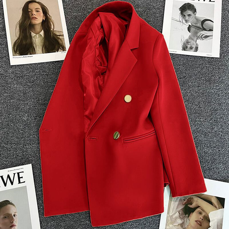 Blazer wanita, baju Luaran Korea kasual warna polos, jaket kantor wanita Musim Semi dan Gugur