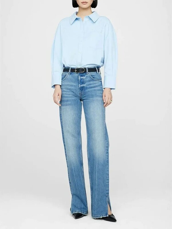 กางเกงยีนส์ขากว้างเอวสูงสำหรับผู้หญิงมีซิปกระเป๋าตรง OL กางเกงยีนส์100% ใหม่ฤดูใบไม้ผลิ