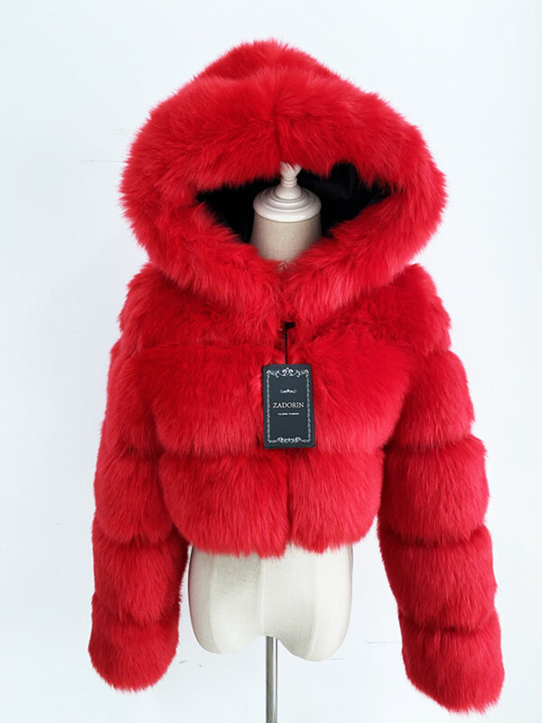 ZADORIN 여성용 모피 크롭 인조 모피 코트 및 재킷, 푹신한 탑 코트, 후드 겨울 모피 재킷, 고품질