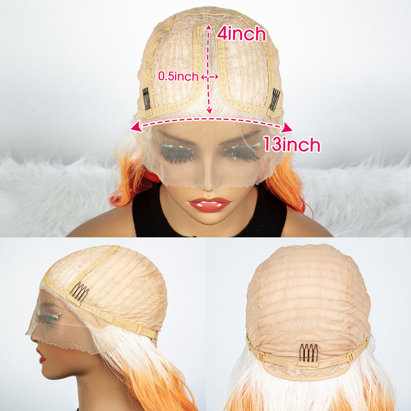 Wig rambut sintetis renda depan merah dengan gelombang tubuh bagian tengah wig renda akar putih wig Cosplay wanita tahan panas 26 inci
