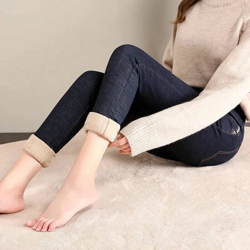 Woman Thick Cotton High Waist Stretch Vaqueros Leggings Mom Basic Snow Wear Denim Pants Vintage Skinny Wool Lined Winter Jeans