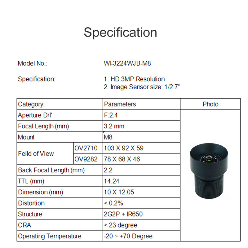 Objectif HD à faible distorsion, 3MP, 3.2mm, monture M8, F2.4, 1/2 ", avec filtre IR 650nm, pour l'identification du visage et la caméra d'action