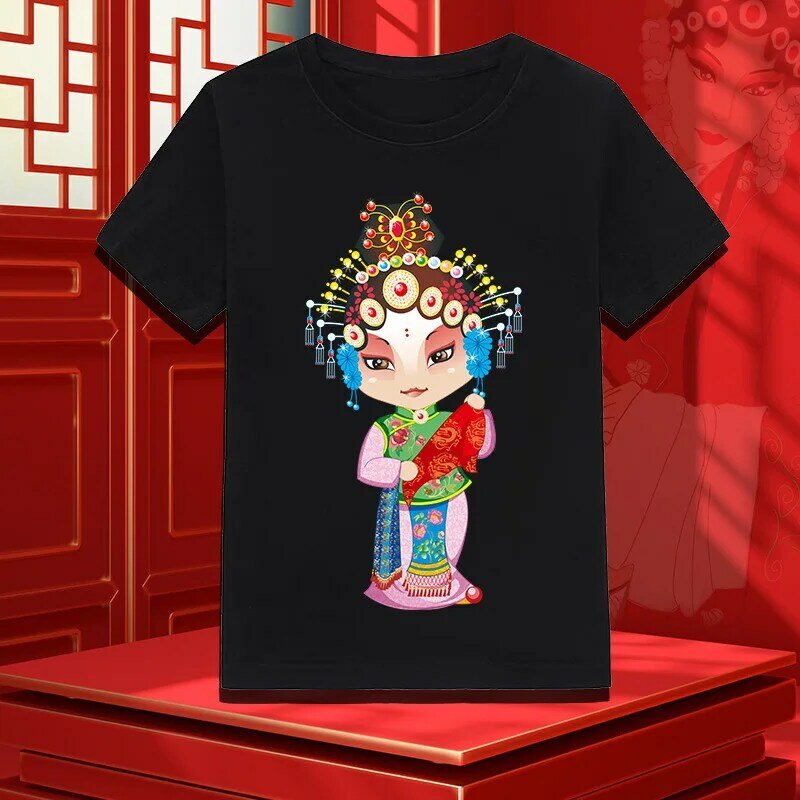 T-shirt à manches courtes pour couples, masque facial de style chinois, imprimé opéra de Pékin, hommes et femmes, olympiques de groupe de performance étudiante, nouveau