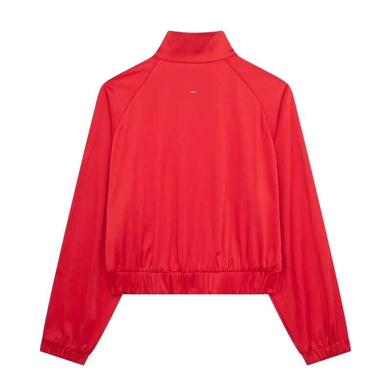 Женская атласная текстурная куртка с контрастными полосками, пальто в стиле ретро, Женское пальто на молнии с длинным рукавом, шикарный топ