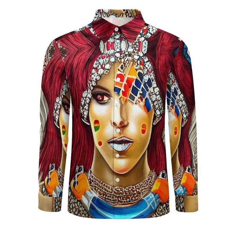 Camisa estampada tribal de manga comprida masculina, blusas casuais Gypsy Queen Y2K, design novo Tops de grandes dimensões, outono