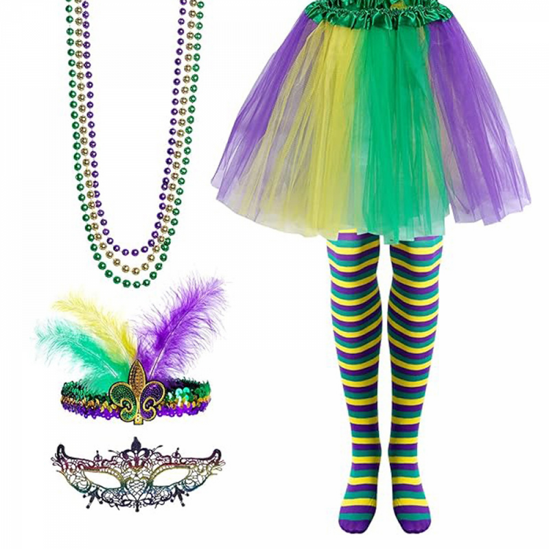 Conjunto de traje de carnaval para mulheres e meninas, saia tutu, meia máscara de penas artificiais, miçangas, meias longas, 7 peças