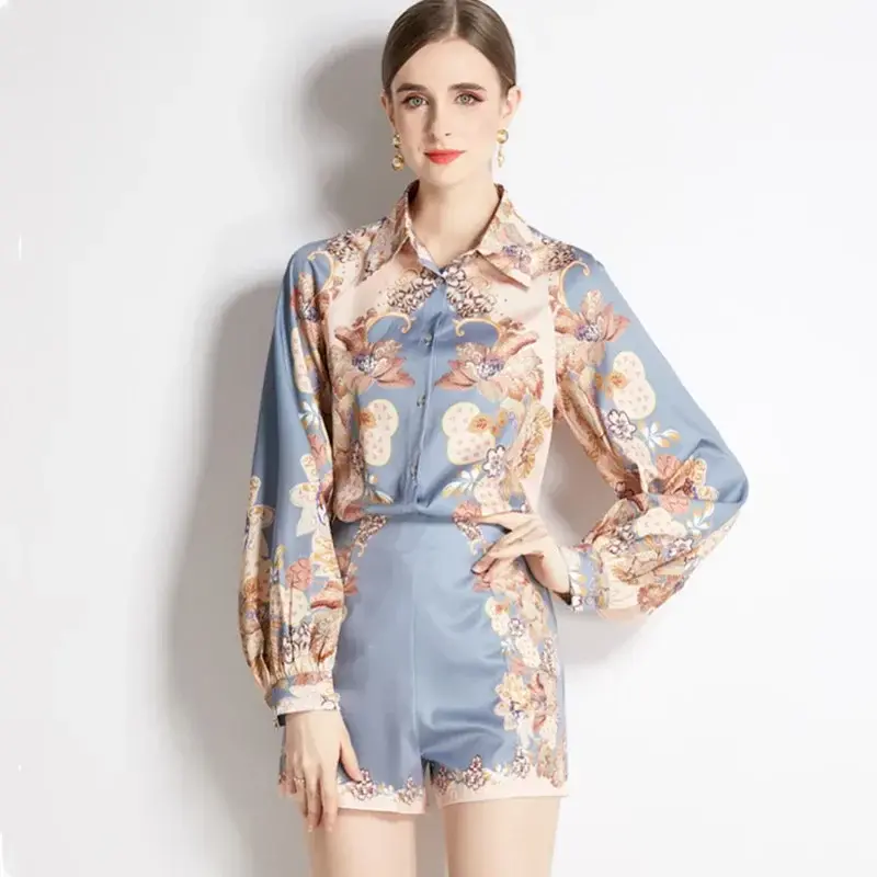 Женский комплект из двух предметов, модельный винтажный костюм из рубашки с рукавами-фонариками и шорт с высокой талией, женская одежда, Новинка лета 2020