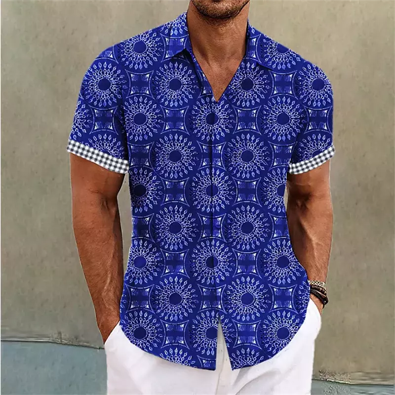 Camisa de manga corta para hombre, cárdigan informal con botones y solapa, estampado de lujo, para Club de graduación, 2023
