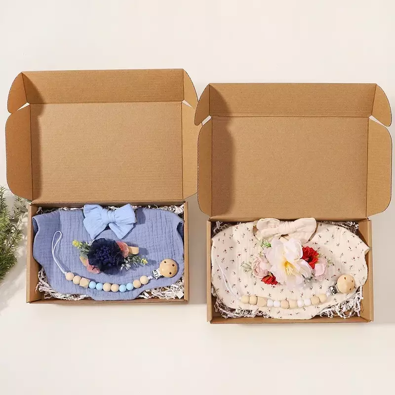 4Pcs/Set Flower Print Baby Bib Pałąk Elastyczna nylonowa opaska do włosów Food Grade Silicone Beads Pacifier Clip Chain Gift Box for Baby