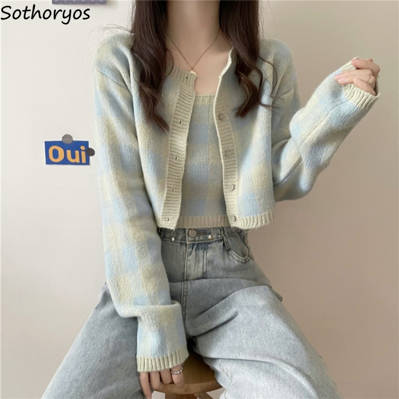 Women Sets Autumn Plaid Korean Style Comfortable Chic Single Breasted Minimalist All-match Knitting Sweet Hot Sale New College