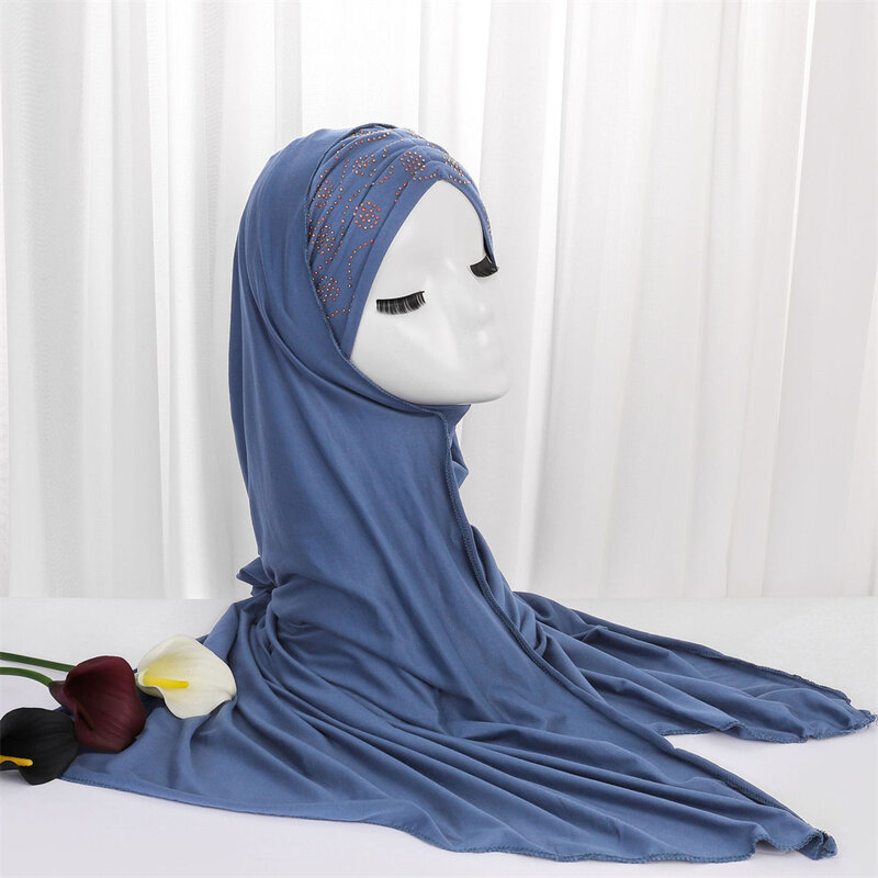 Diamantes muçulmanos Hijab lenço com bandagem, cor lisa, antiderrapante Headband, xales islâmicos, headwrap, turbantes, moda laço de corda