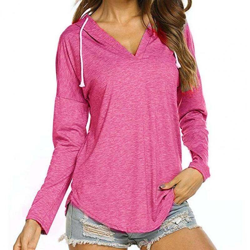 Breathable Women Hooded T-shirt Women V-neck Top Stylish Women's Oversized Hoodie Pullover with Drawstring for Fashionable