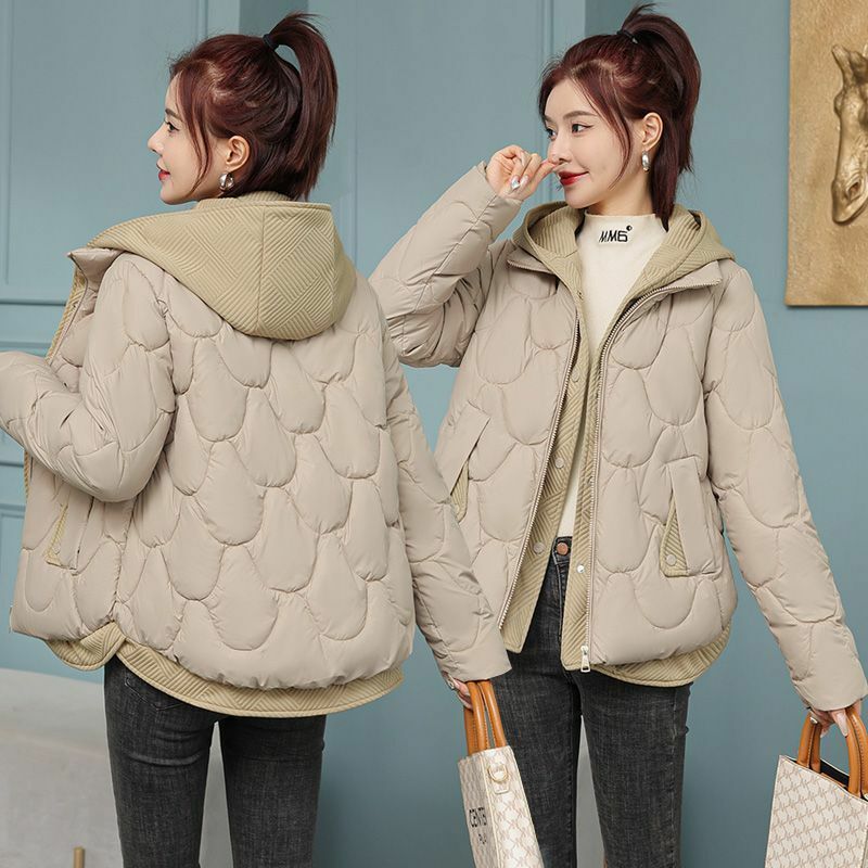 Jaqueta curta de algodão com capuz feminina, casaco leve, casaco elegante de outono e inverno, duas peças falsas, novo, 2023