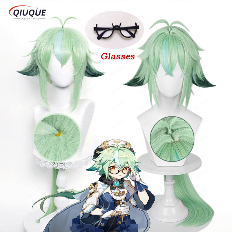 Game Impact Sucrose Cosplay Wig 85cm Long Apple Green Anime Cosplay Wigs Heat Resistant Synthetic Hair Wigs + Wig Cap