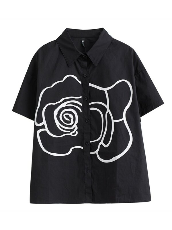 เสื้อพิมพ์ลายทางดอกไม้สำหรับผู้หญิงเสื้อครอปแขนสั้นทรงหลวมลำลองแฟชั่นฤดูร้อน