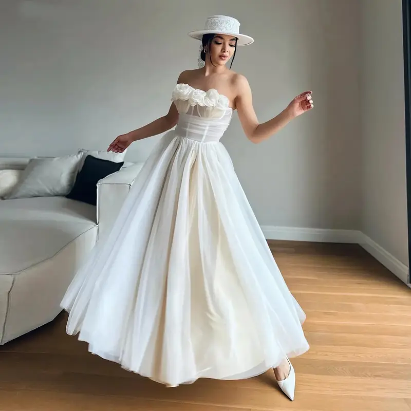 Gaun pengantin bergaya dan elegan, gaun taman luar ruangan bunga 3D punggung terbuka seksi romantis 2024 baru