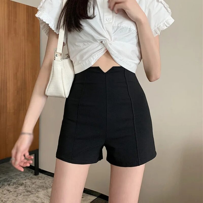 Pantalones cortos de cintura alta para mujer, pantalones adelgazantes, elásticos de poliéster, estilo coreano, Sexy, glamoroso, nuevo