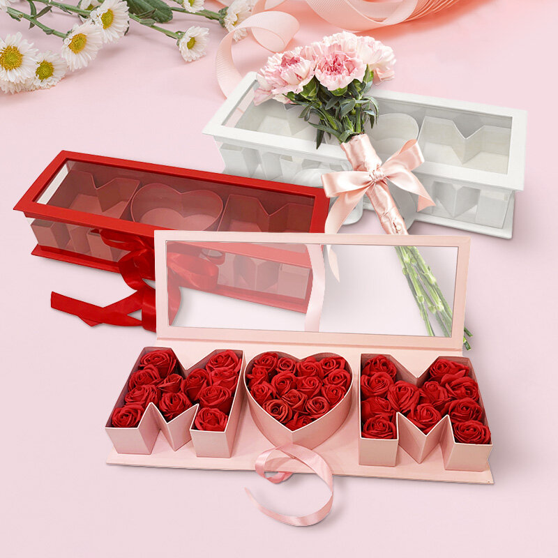 Caja de papel transparente con forma de letra de "mamá", caja de regalo con lazo, cinta, regalo, sorpresa para el día de la madre, 1 unidad