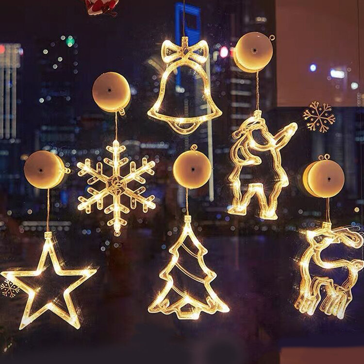 Adornos de luz LED de Navidad, lámpara colgante con ventosa, copos de nieve, Papá Noel, alce, decoración de ventana para el hogar, Año Nuevo, 2024
