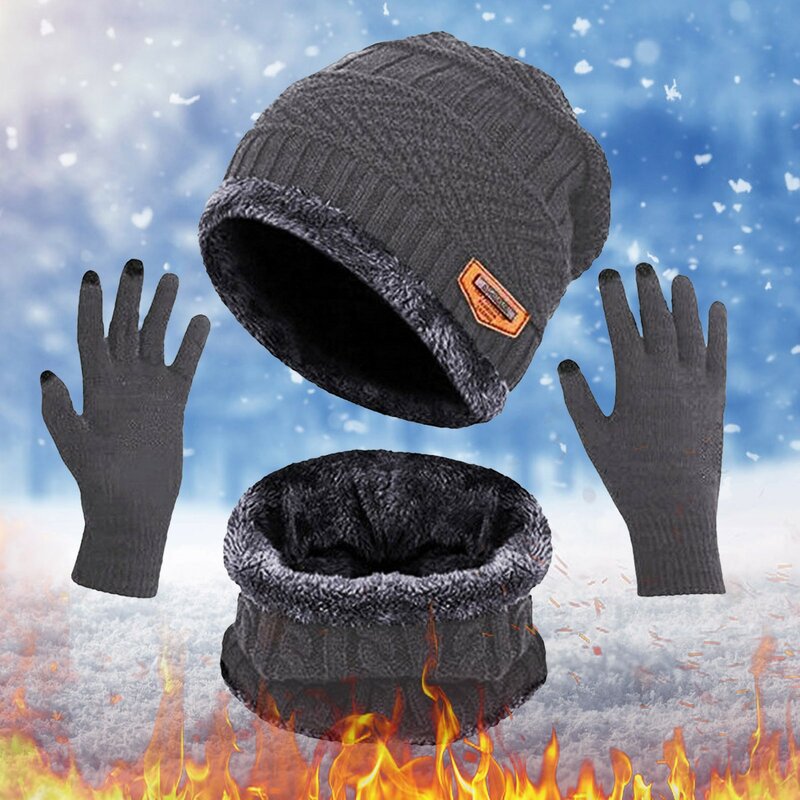 Мужская и женская зимняя шапка, теплый шарф, набор перчаток для сенсорного экрана, теплый шейный плотный вязаный комплект, шапка, перчатки, шарф