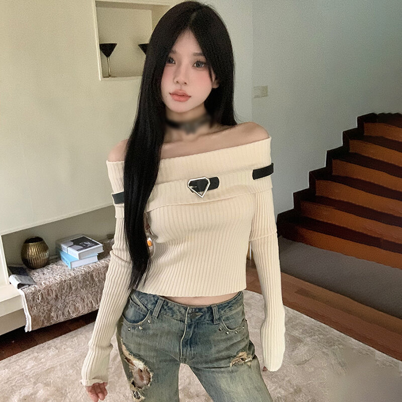 Spring Autumn Women's Top Solid Color Off Shoulder Belt Decoration Fashion Temperament Knitted Long Sleeves Top