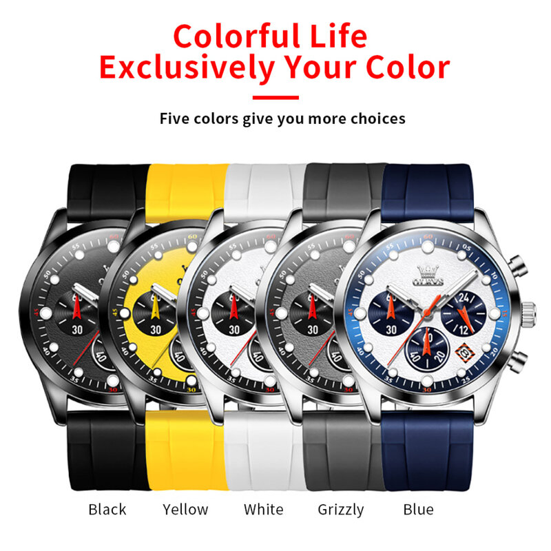 OLEVS Sport Quartz Watch, Pulseira de Silicone Dial Redondo, Calendário Luminoso Presente, 5602