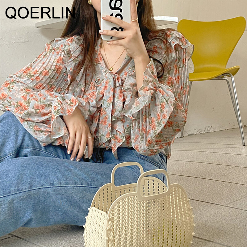 QOERLIN Korean Sweet Elegant Ladies Floral Ruffled Lace-Up Shirts Folded Flare Sleeve Single-Breasted Button Blouse