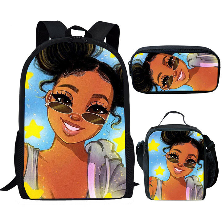 Popular Creative Novelty Funny African Girls 3D Print 3pcs/Set pupil School Bags Laptop Daypack Backpack Lunch bag Pencil Case