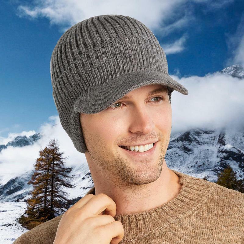 Men's Winter Beanie Hat With Brim Warm Double Knit Cuff Beanie Cap Warm Earflap Hat Knitted Newsboy Hat Winter Hat With Visor