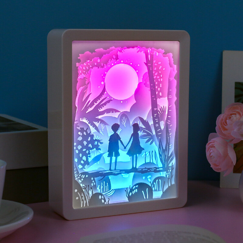 กล่องกระดาษสี lampu kotak ลายการ์ตูนสำหรับคู่รักแบบ3มิติงานหัตถกรรมกระดาษไฟไฟกลางคืน LED ภาพสามมิติสำหรับห้องศิลปะบนผนังของขวัญวาเลนไทน์
