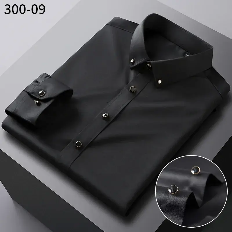 Camisas masculinas compridas de seda gelo, slim fit, botão de broca, formal, social, sem ferro, macia, sedosa, branca