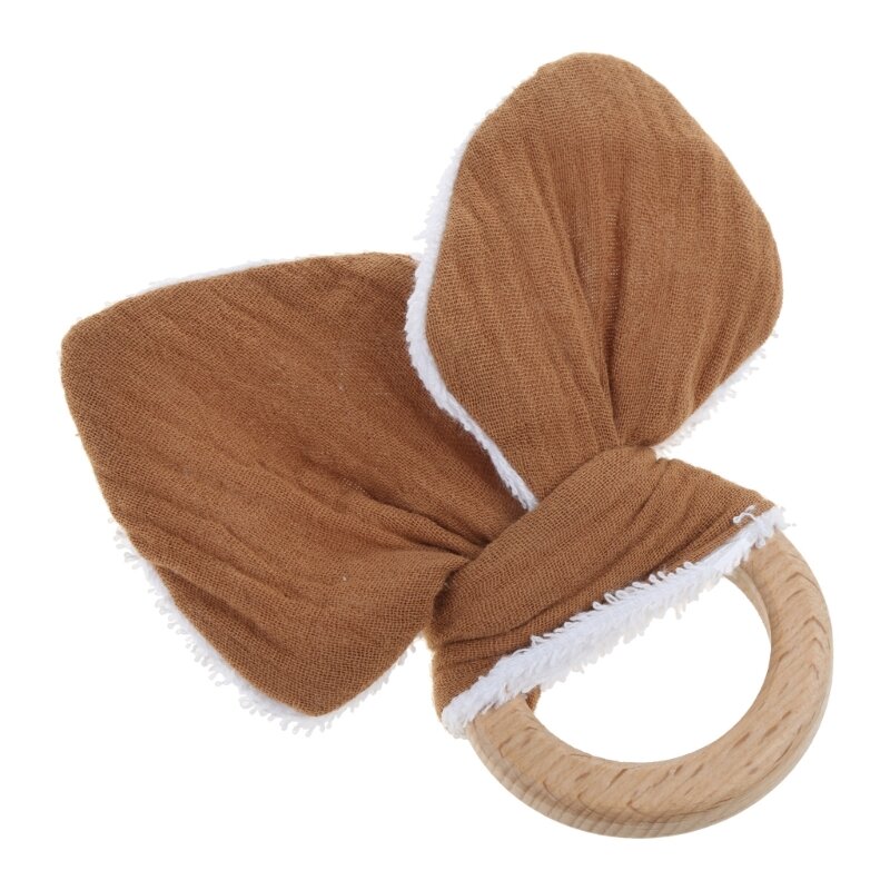 Soft Cotton Rabbit Ears Teething Chewing Appease Toy Baby Natural Wooden Teether Ring BPA Wood Pain Relief Teether