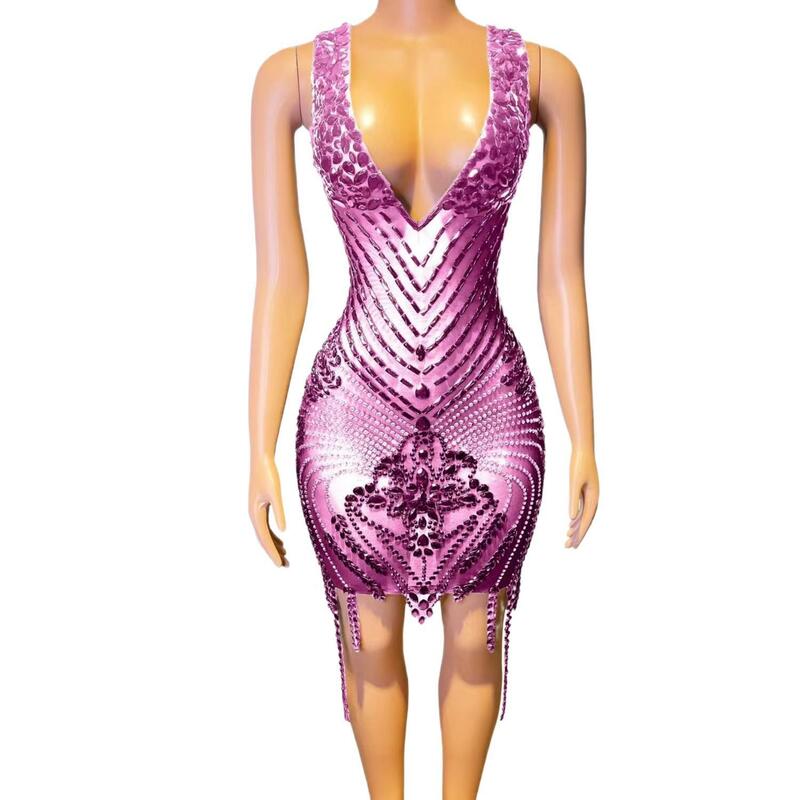 Gaun wanita tanpa lengan tembus pandang seksi gaun pesta ulang tahun gaun Prom pendek kristal gadis hitam 2024 wotiao