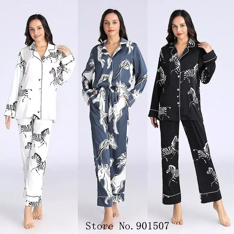 Pijama de cetim estampado zebra feminino, pijama solto, loungewear, calças, camisola, roupa de casa, pijamas de verão, novo