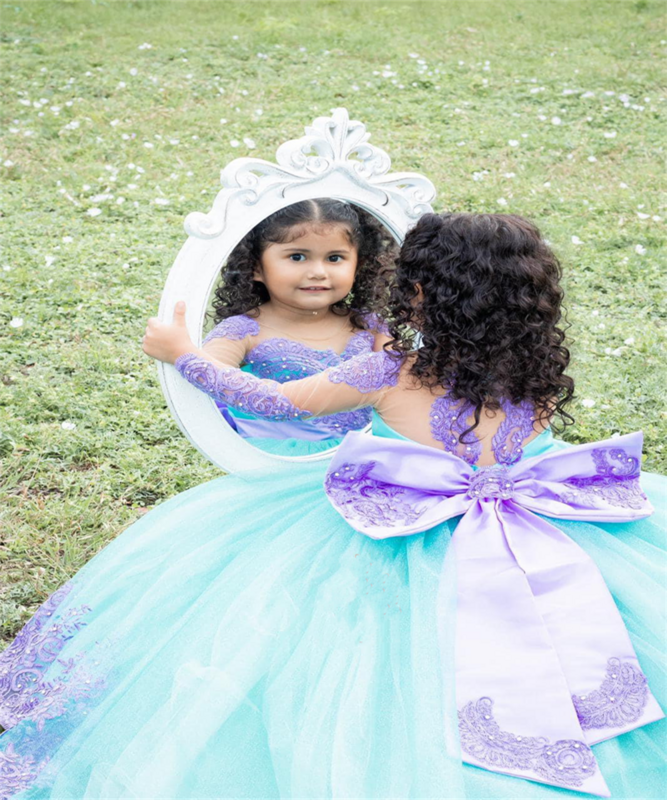Śliczne lawendowe aplikacje sukienki dla dziewczynek z kokardką puszysty tiul korowód urodzinowy pierwsza komunia bankiet weselny korowód kosmetyczny