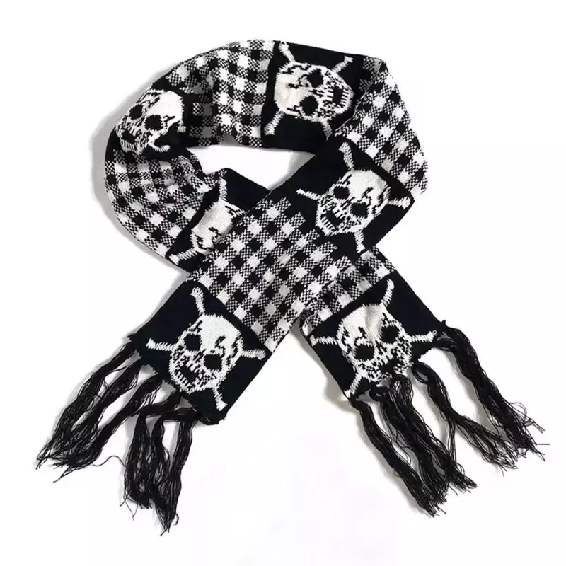 Gothic Skull Scarf Winter Knitted Pashmina Shawl Black Acrylic Echarpe Harajuku Skeleton Wrap with Fringes for Women Men