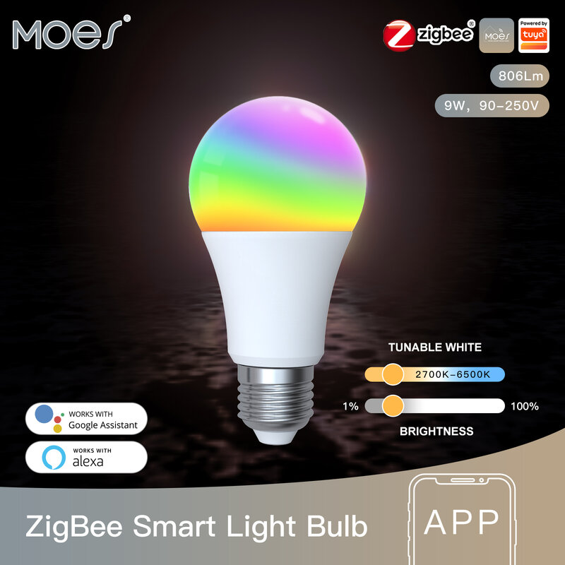 MOES 1-9PCS 9W AC90-240V Tuya ZigBee Smart LED Light Bulb RGB E27 Dimmable APP Remote Control Alexa Google Home Voice Control