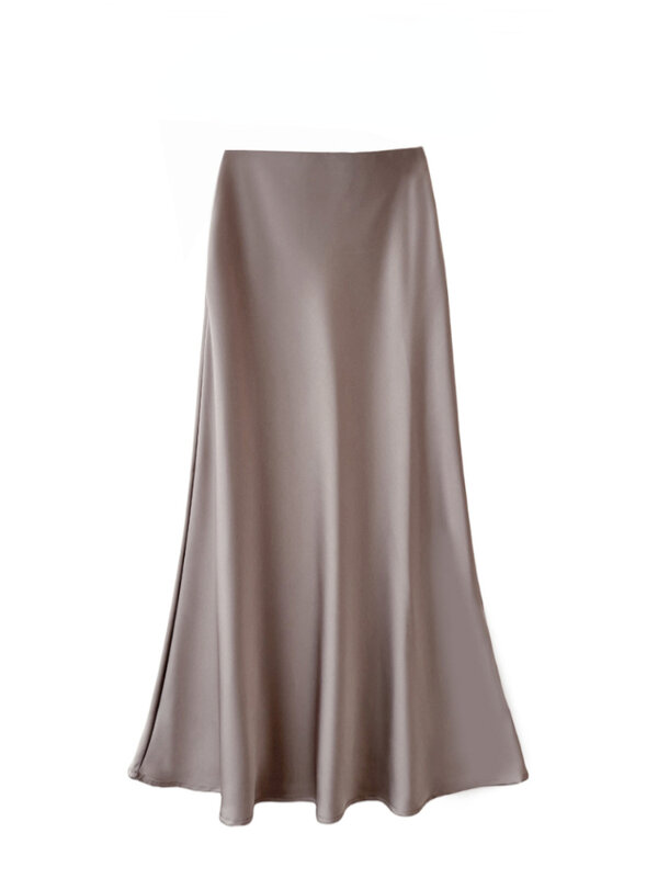 HOUZHOU Satin Midi Skirt for Women Chic Elegant High Waist A-line Slim Casual Silk Mermaid Skirt Office Lady 2024 Spring Summer