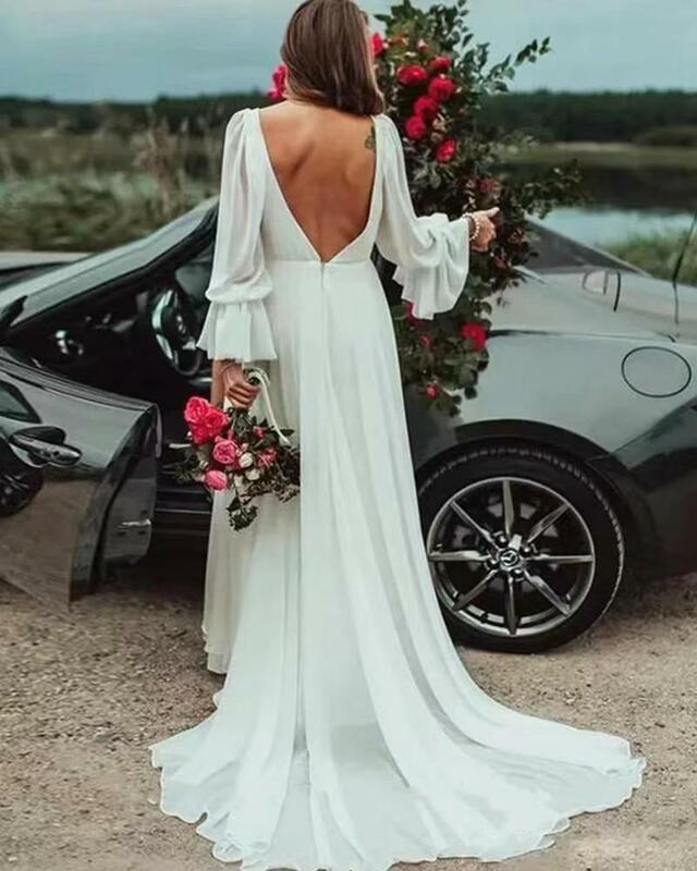 Женское платье с расклешенными рукавами It's yiiya, белое шифоновое платье-трапеция с глубоким V-образным вырезом и открытой спиной на лето 2019