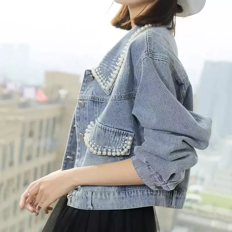 Jaqueta jeans com decoração doce feminina, manga comprida, gola virada para baixo, jaquetas cortadas, bolsos coreanos, casacos soltos, feminina, 2021