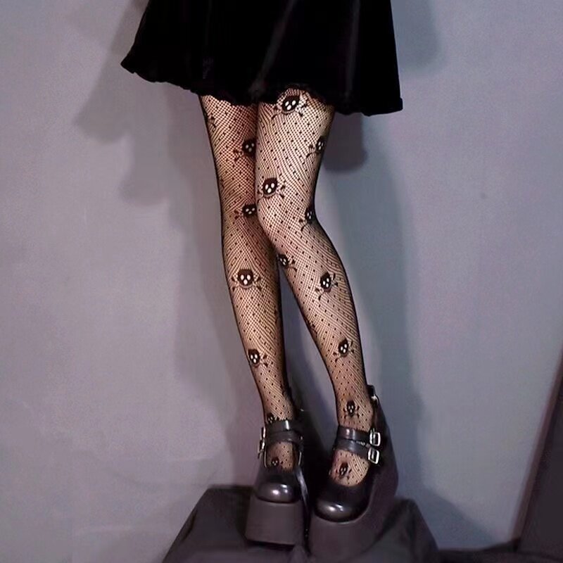 Donne Goth Punk Cute Black Mesh collant Lolita Skull Pattern Fishnet Jacquard Harajuku calze collant Leggings Halloween