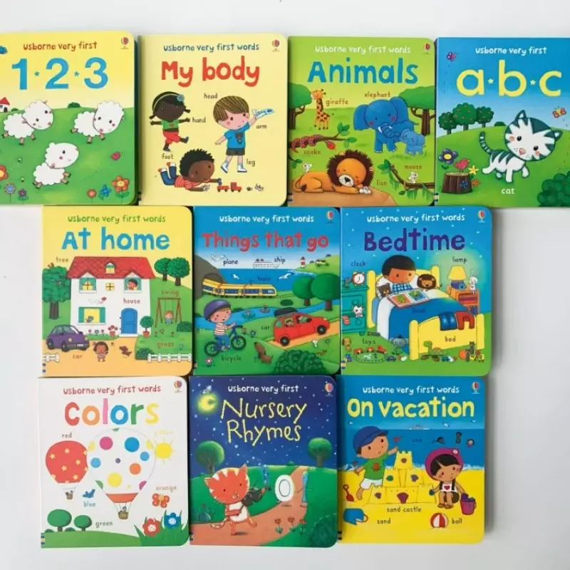 子供のためのusborneハードカバーボードブック、照明教育玩具、写真の教科書、英語の本、非常に最初の単語、セットあたり10個