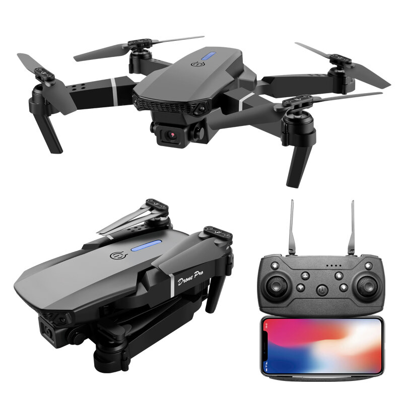 E88 Drone profesional kamera ganda 4K HD, helikopter mainan FPV RC lipat segala arah fotografi udara LED, kamera ganda 4K HD dengan lampu LED