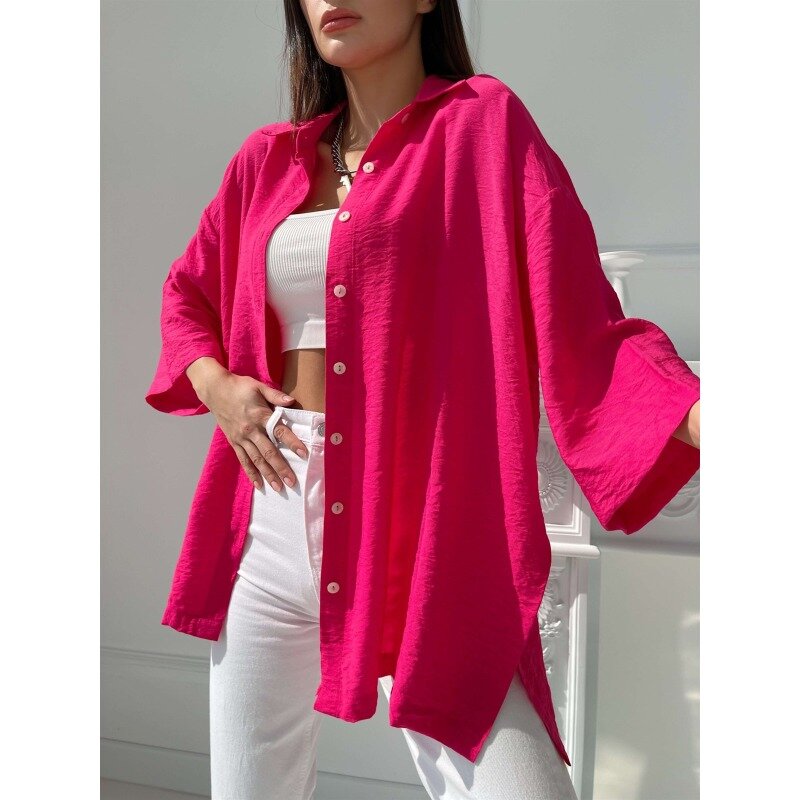 Y2K INS Autumn Spring Long Sleeve Turn Down Collar Single Breasted Solid Color Blouse T-shirt Elegant Loose Women Shirt Top