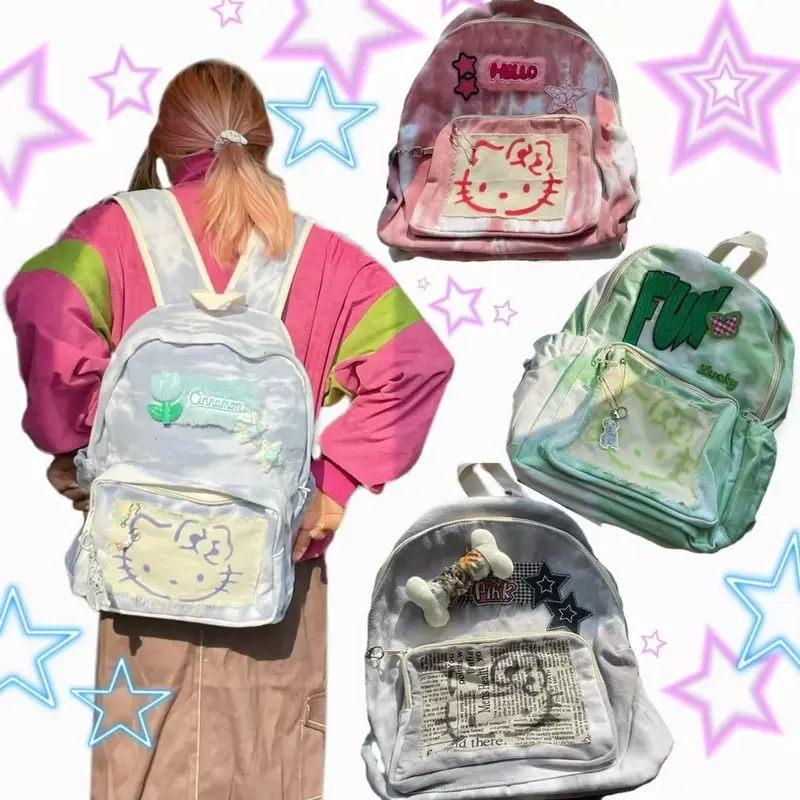 Sanrio-女の子のためのかわいいキティレトロな大学のバックパック、対照的な色のテクスチャ、手作り、オリジナル、新しい
