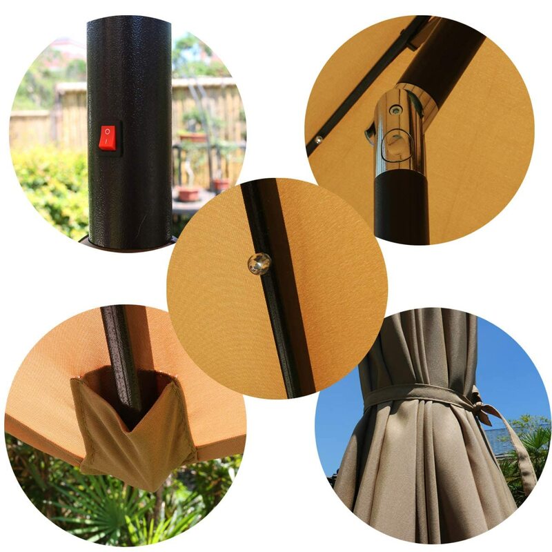 9 'panel słoneczny oświetlony parasol tarasowy z 8 żebrami/regulacją nachylenia i systemem podnoszenia korby (jasny brąz)