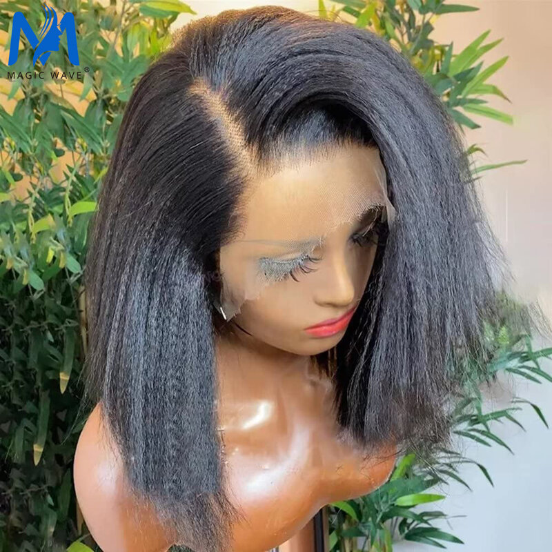 Wig rambut manusia Bob lurus Kinky Yaki UNTUK WANITA HITAM 13x4 Lace Frontal bagian gratis 12 inci rambut Remy Brazilian Wig Bob pendek